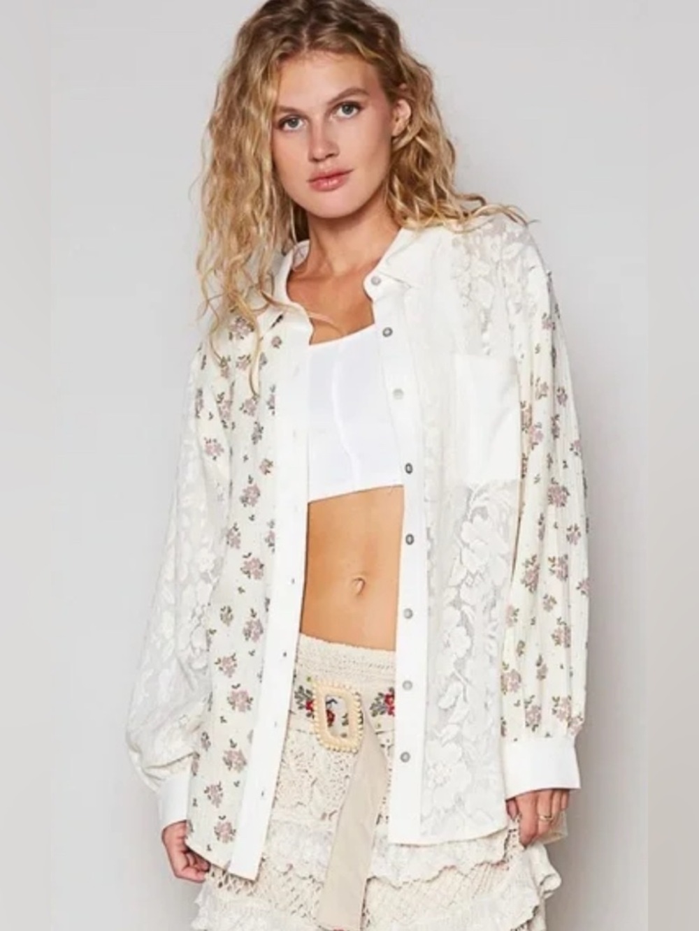 POL Romantic Floral Blouse Mixed Media Button Down Whimsical Spring Layering - Picture 10 of 11